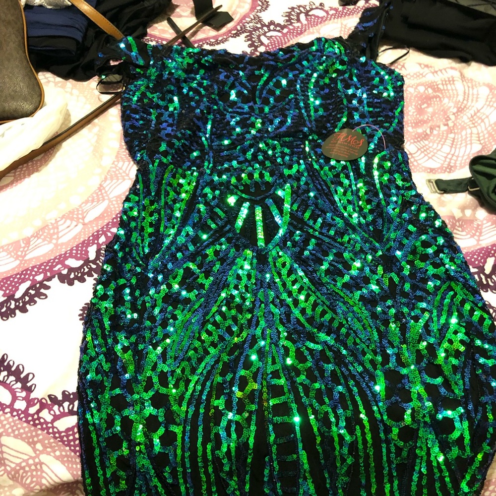 Large sequin green off the shoulder dress